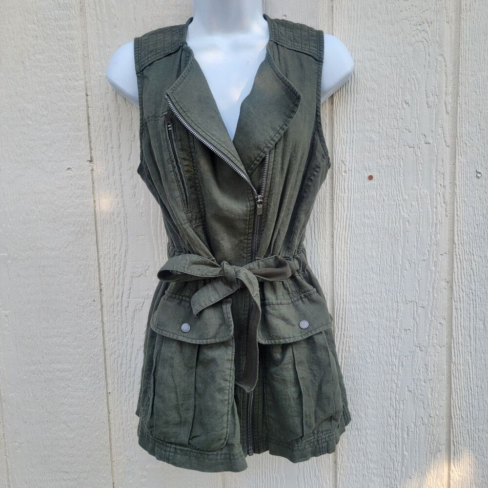 Athleta  Wanderabout Utility Vest olive green 100% linen Wmns Sz XS